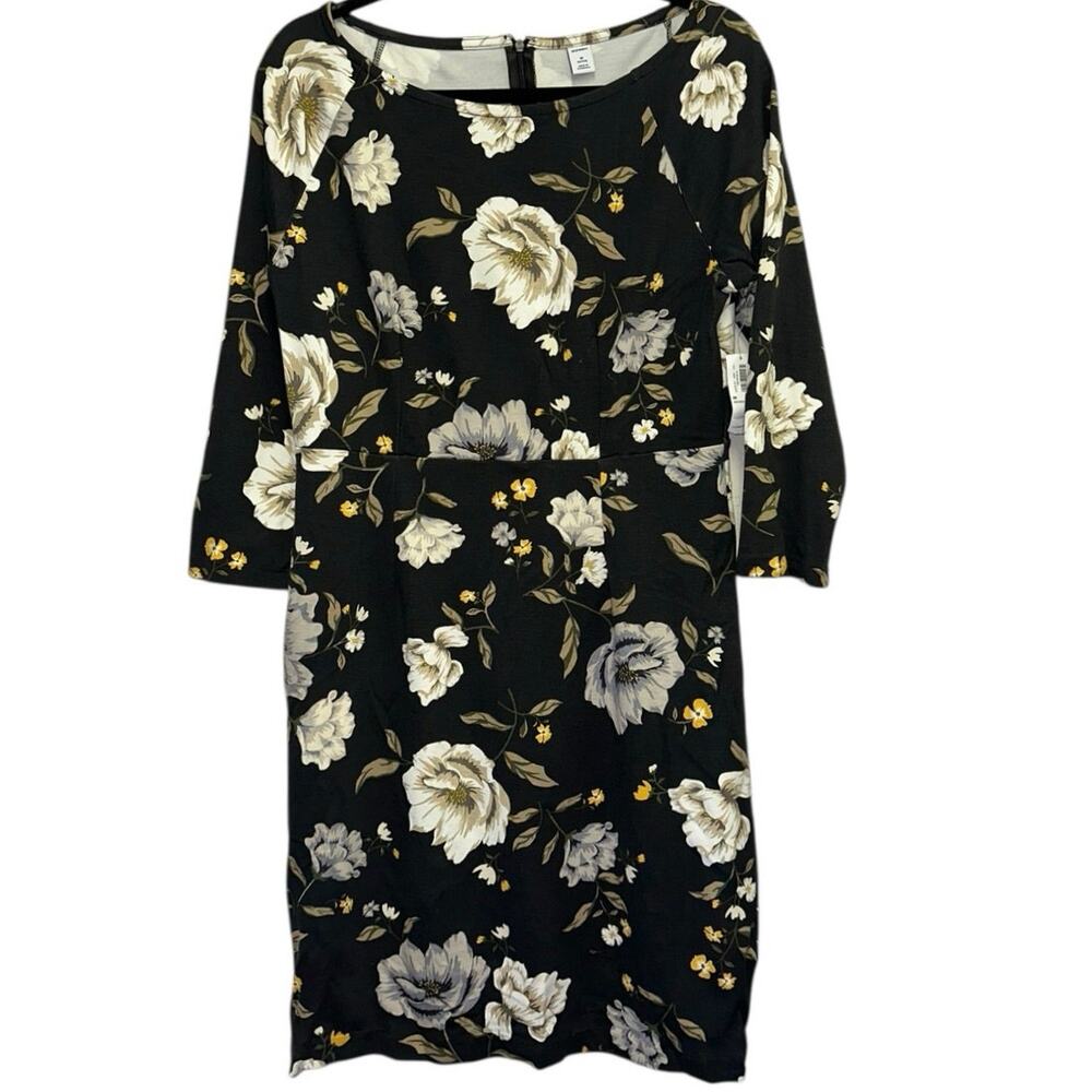 NWT Old Navy Petite Medium Floral Dress Gray 3/4 Sleeve Sheath Knee Length